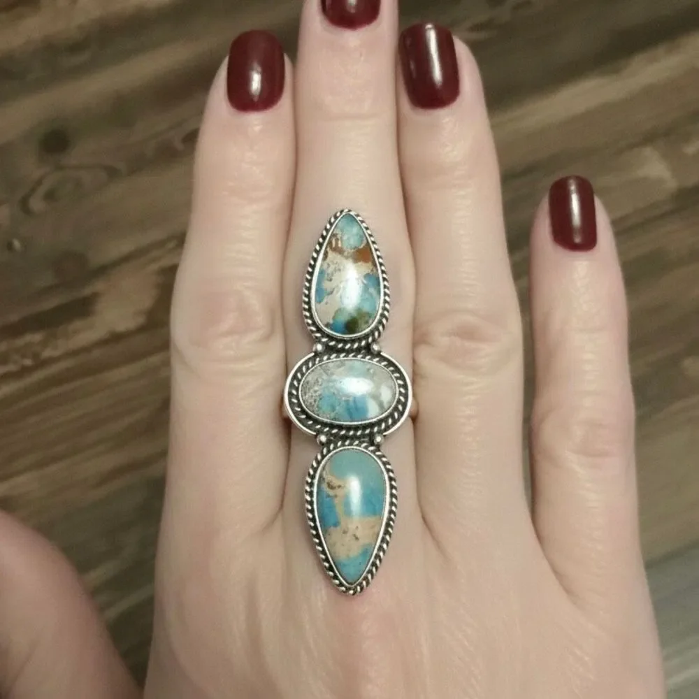 Southwestern Sea Sediment Jasper Triple Teardrop Oval Statement Casual Ring 7